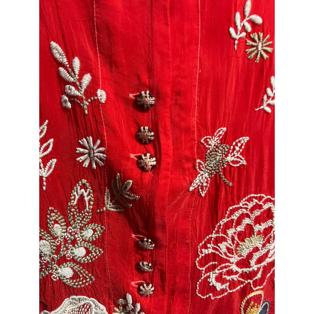 Johnny Was Shirt Medium Button Down Embroidered HUmming Bird Flowers Boho Red - Picture 5 of 8